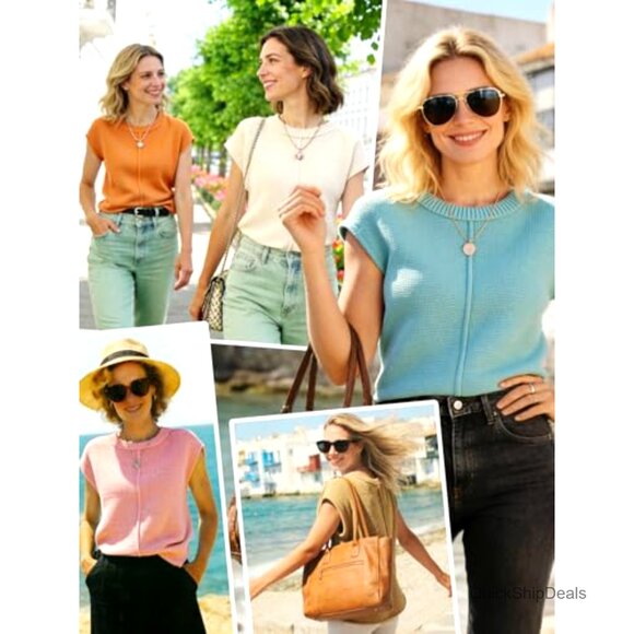 Crochet Sweater Vest Cap Sleeve Crew Neck Boho Western Casual Tops - Picture 4 of 7